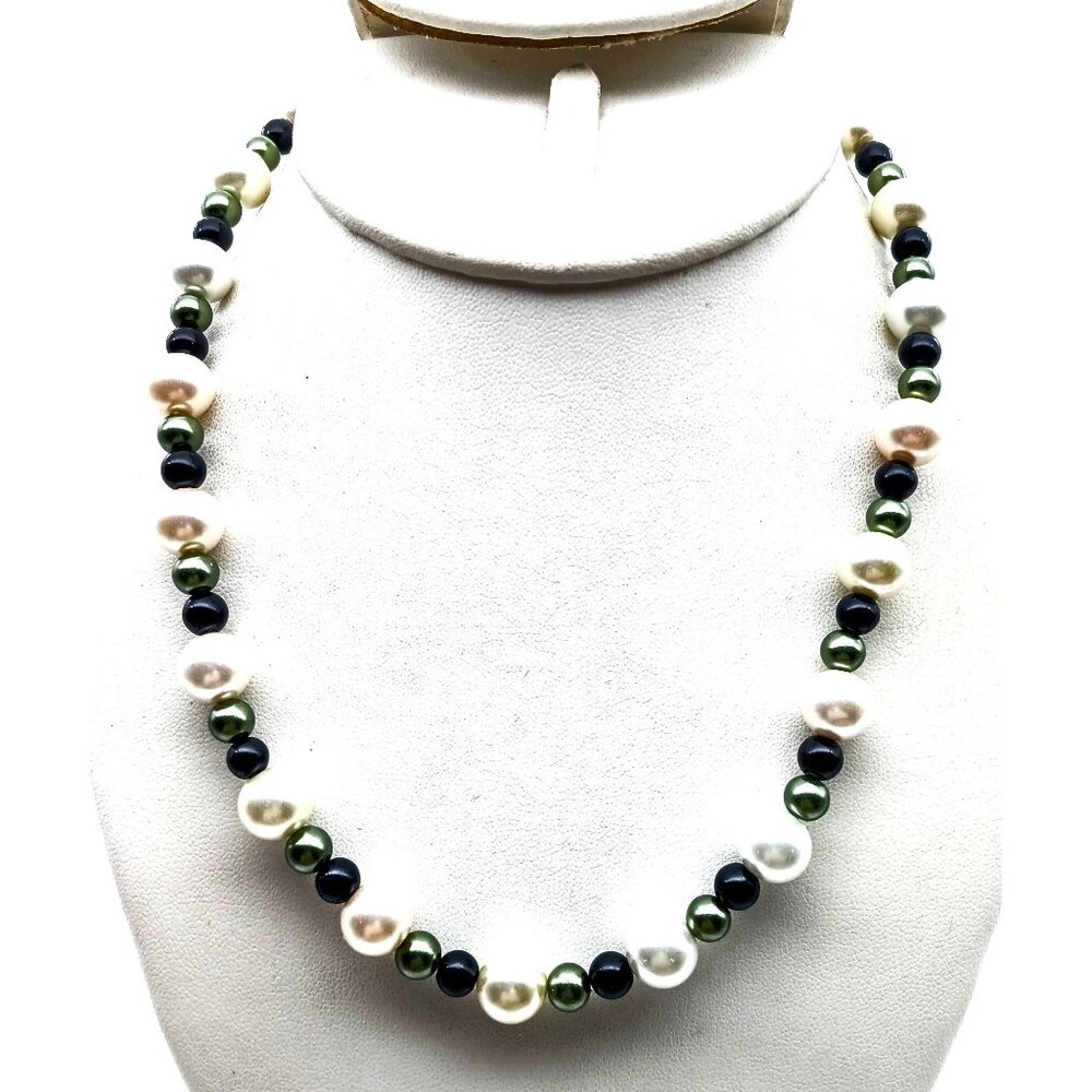 Genuine Pearl Strand Necklace, Vintage White Beads with Green and Black Smaller